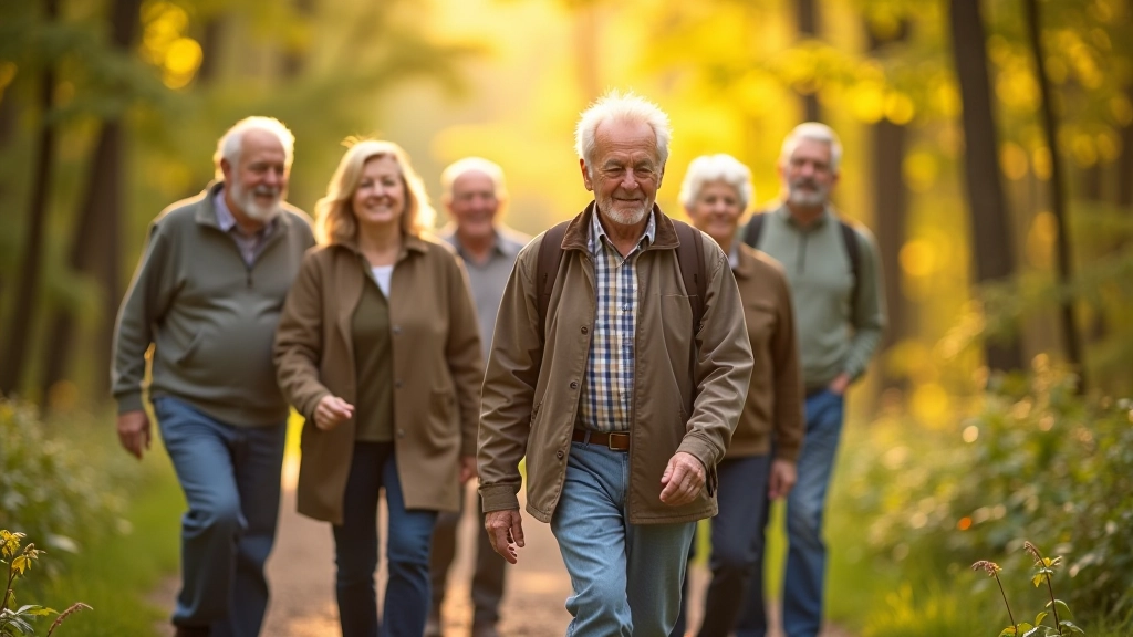 Group of older adults walking together through the Knysna forest