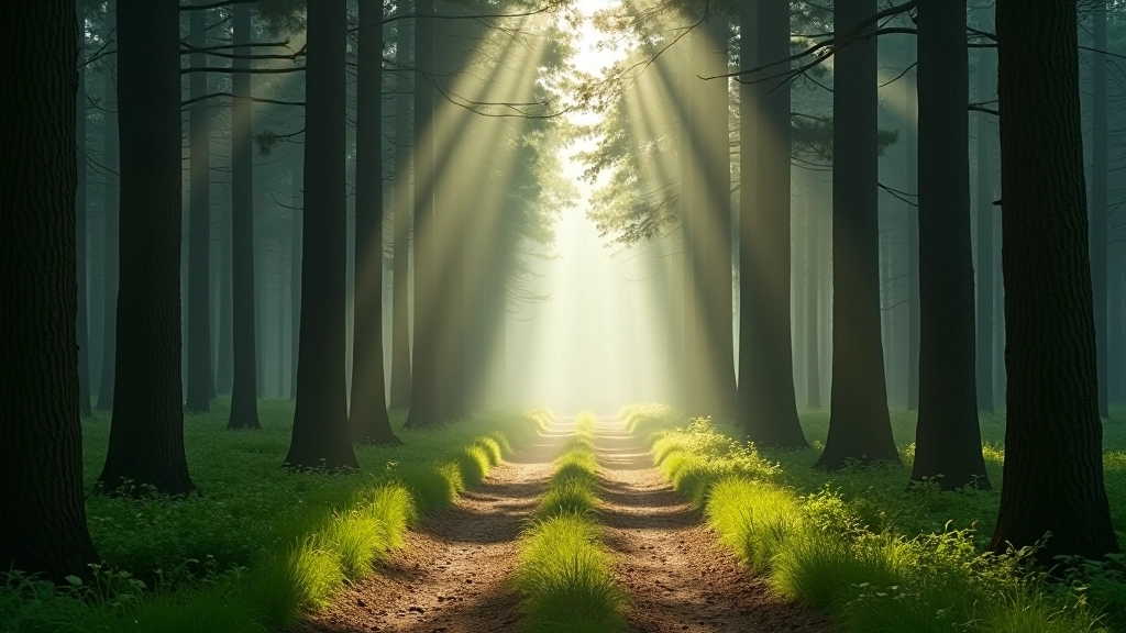 Forest path lined with indigenous trees in early morning mist near Knysna