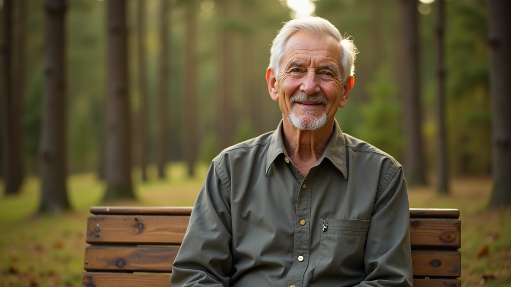 Older man resting on a bench in the forest with a calm expression and trees behind him