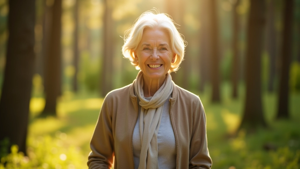 Older woman walking among tall forest trees with sunlight coming through the canopy