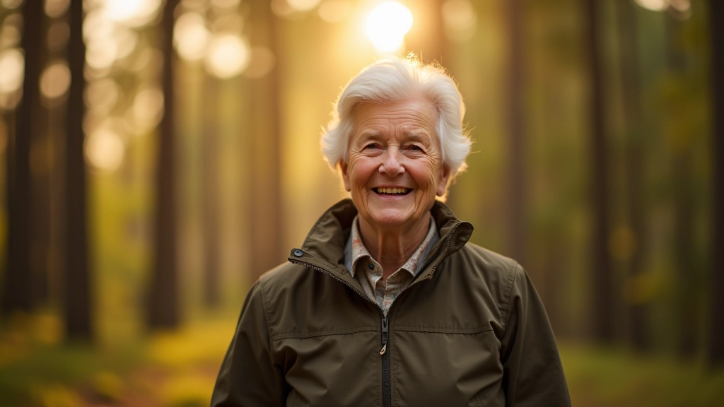 Older woman walking beneath tall yellowwood trees in the Knysna forest
